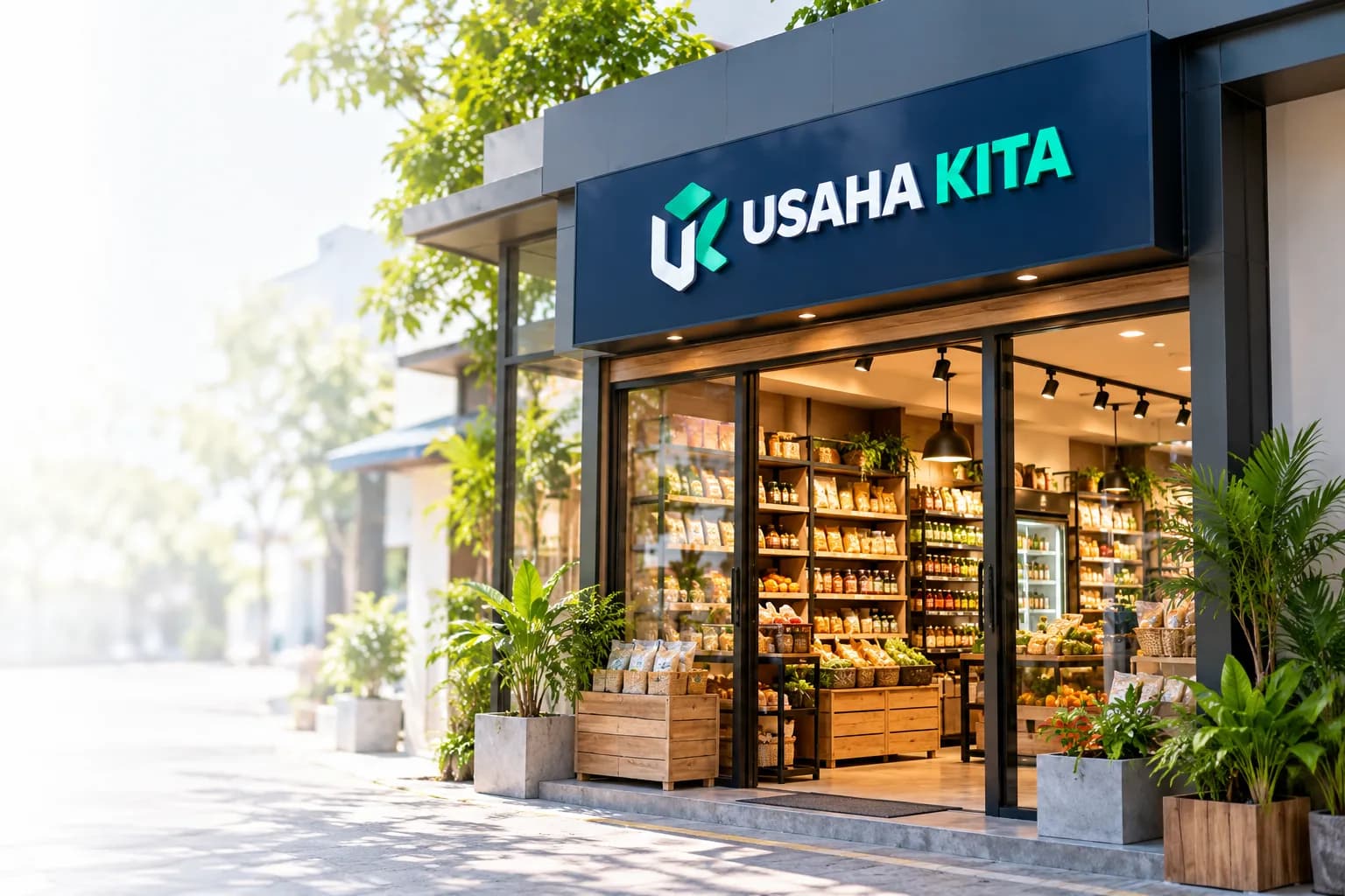 Ilustrasi toko modern dengan identitas Usaha Kita
